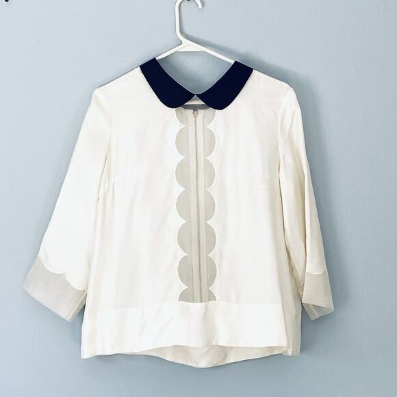 TBA To Be Adored Silk Blouse Medium Cream Ivory Black Collar Semi Sheer Zip Back - Picture 1 of 9